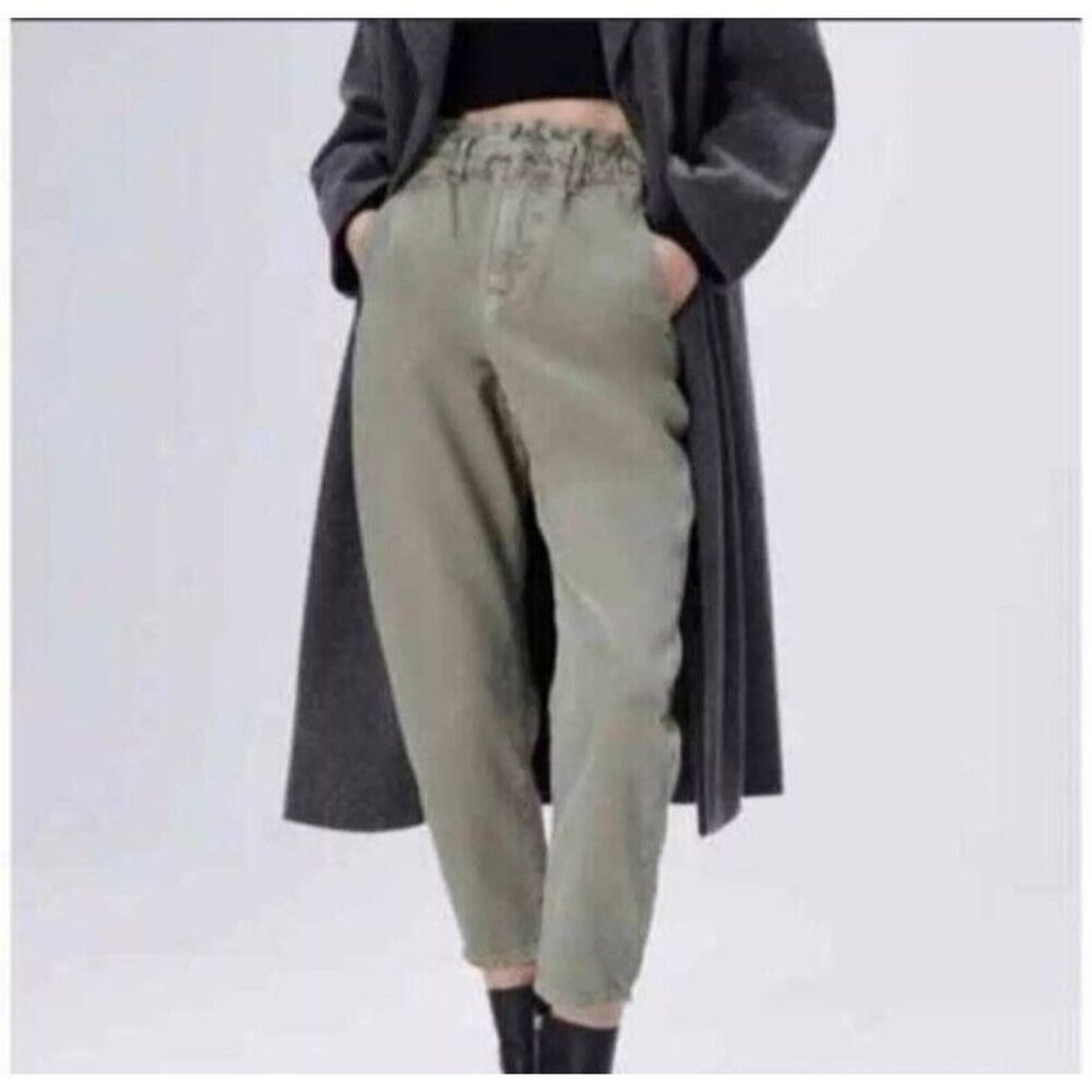 Zara Jeans Pants Size 0 Khaki Green Paperbag Waist Relaxed‎ Baggy Pockets